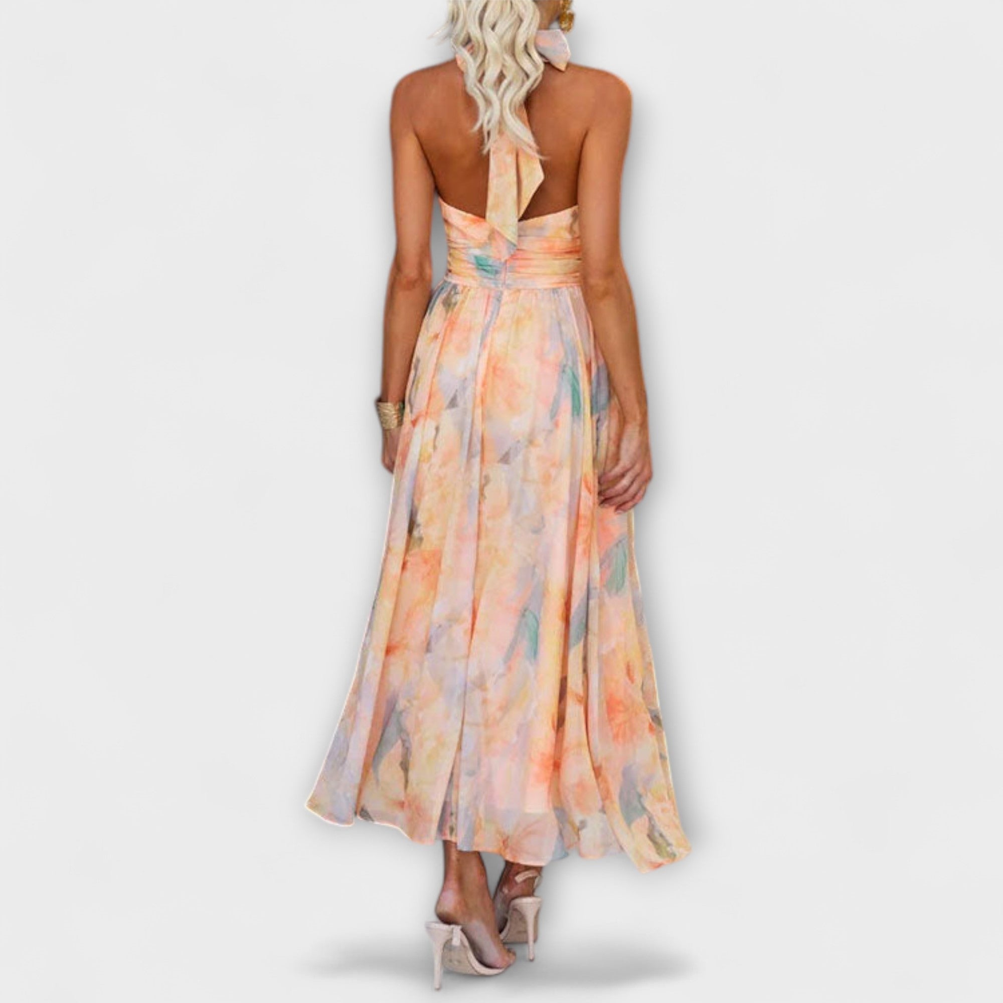 Halter-Neck Aquarel Print Maxi Jurk
