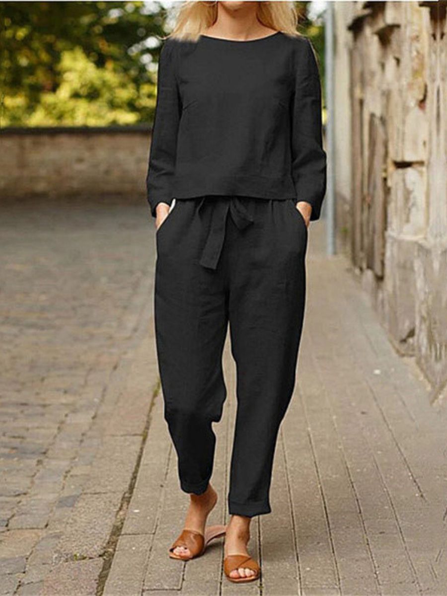 Dames Zomer Linnen Lange Mouwen en Strikdetail Broek Tweedelige Set