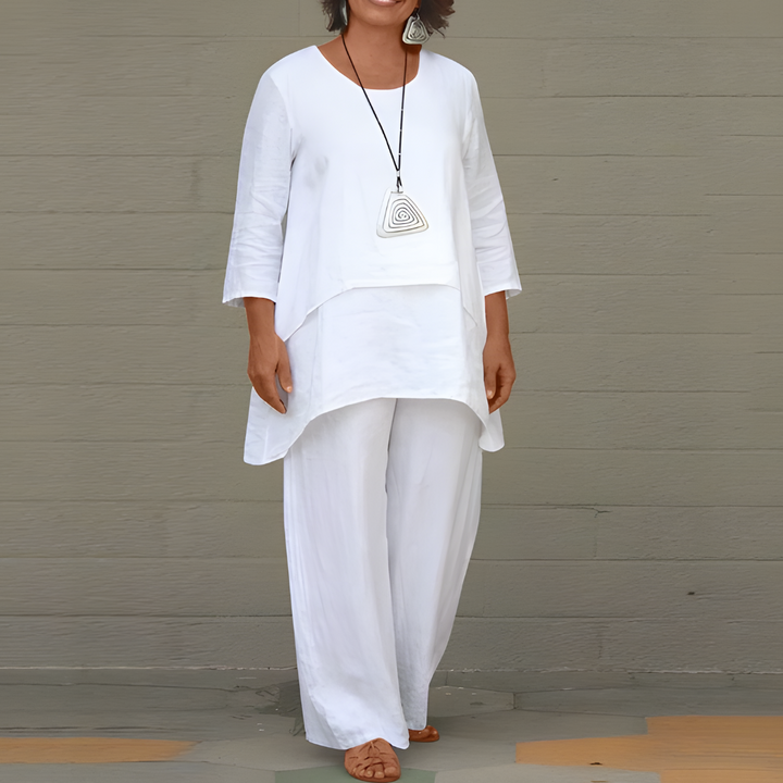 Dames Zomer Tweedelige Set met Wijde Broek en Gelaagde Top