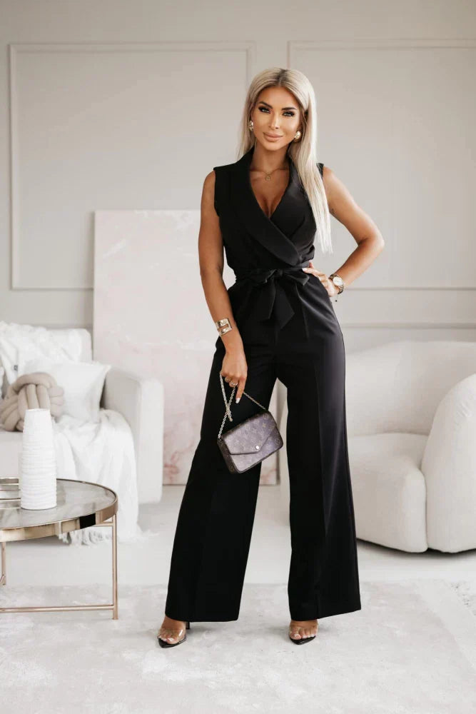 Dames Zomer V-Hals Wikkel Jumpsuit met Ceintuur en Zakken