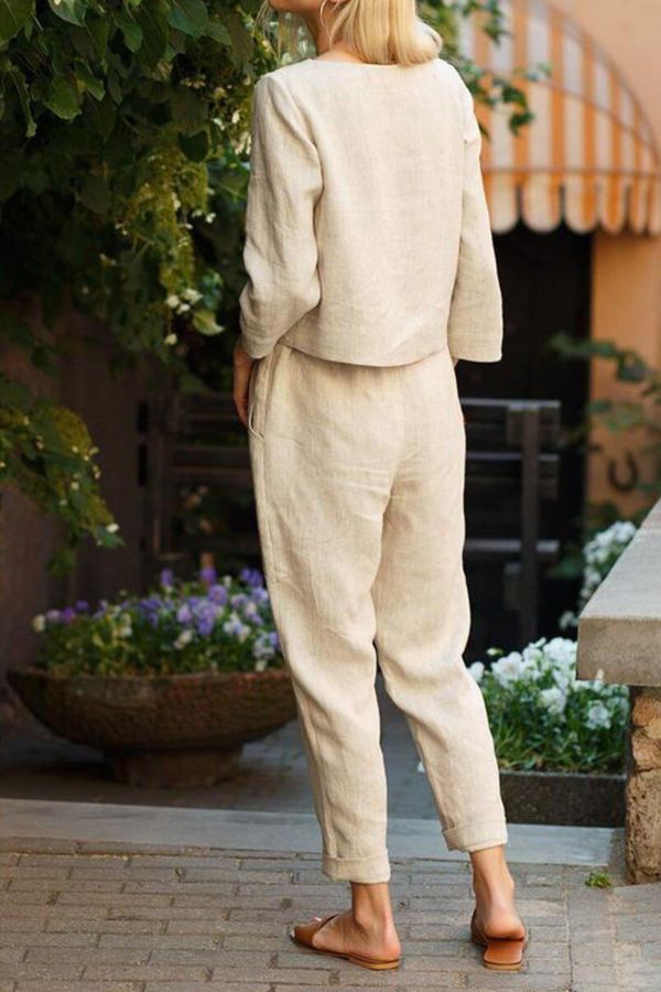 Dames Zomer Linnen Lange Mouwen en Strikdetail Broek Tweedelige Set