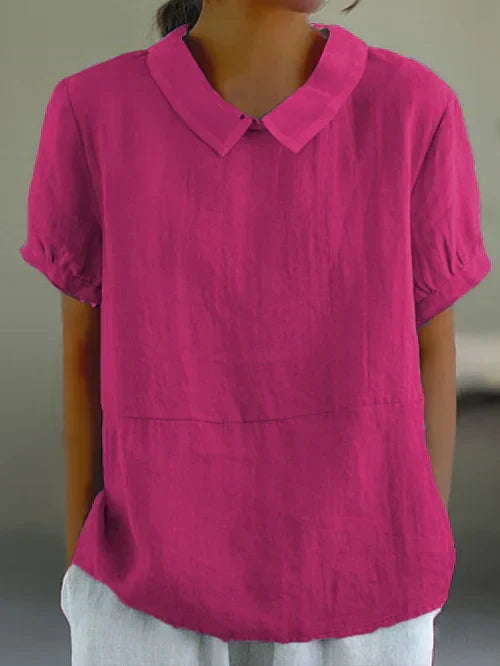 Dames Zomer Blouse met Omgeslagen Kraag en Korte Mouwen