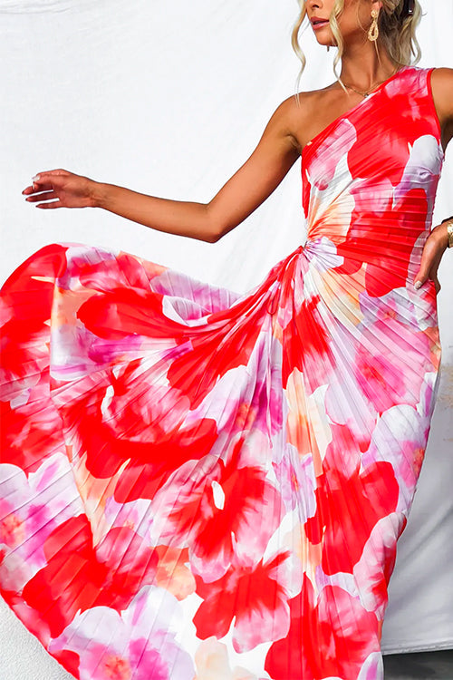 Plissé One-Shoulder Jurk met Bloemenpatroon – Elegant & Vrouwelijk