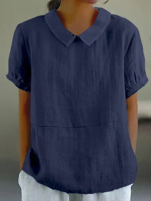 Dames Zomer Blouse met Omgeslagen Kraag en Korte Mouwen