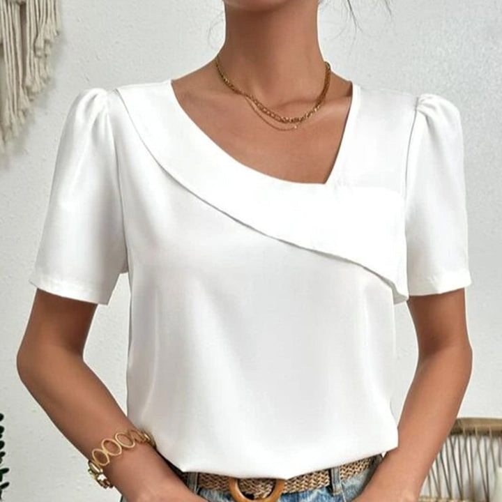 Dames Zomer Blouse met Asymmetrische Halslijn en Pofmouwen