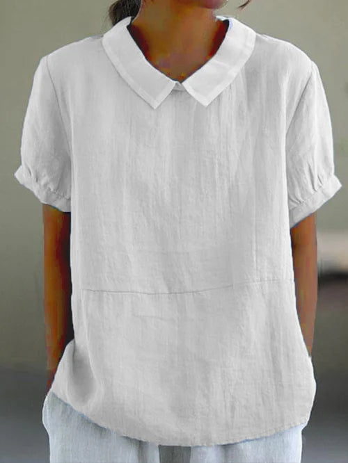Dames Zomer Blouse met Omgeslagen Kraag en Korte Mouwen