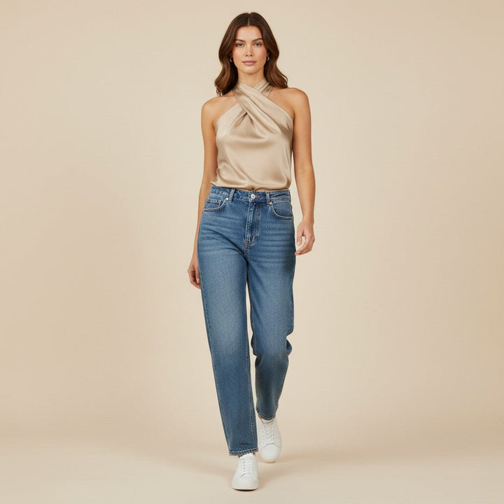 Bria | Satijnen Mouwloze Blouse met Gedraaide Hals