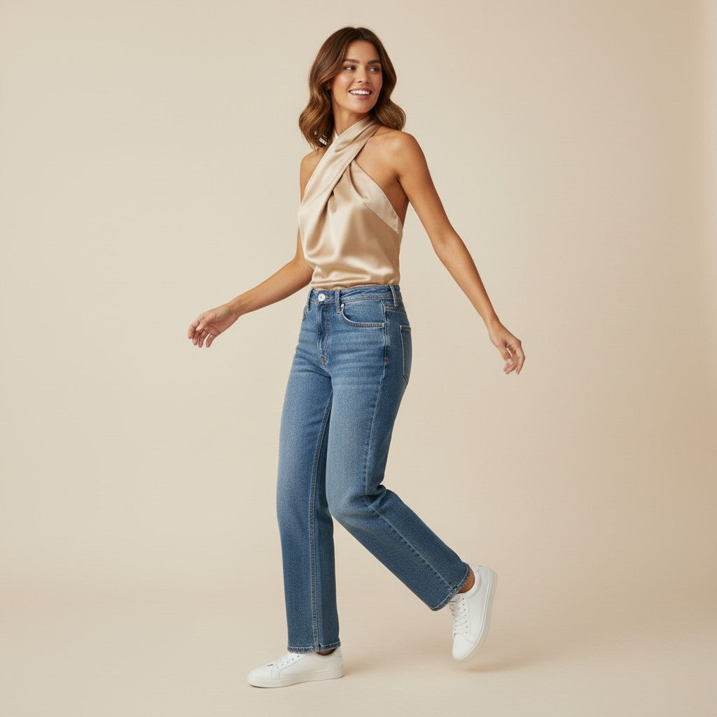 Bria | Satijnen Mouwloze Blouse met Gedraaide Hals