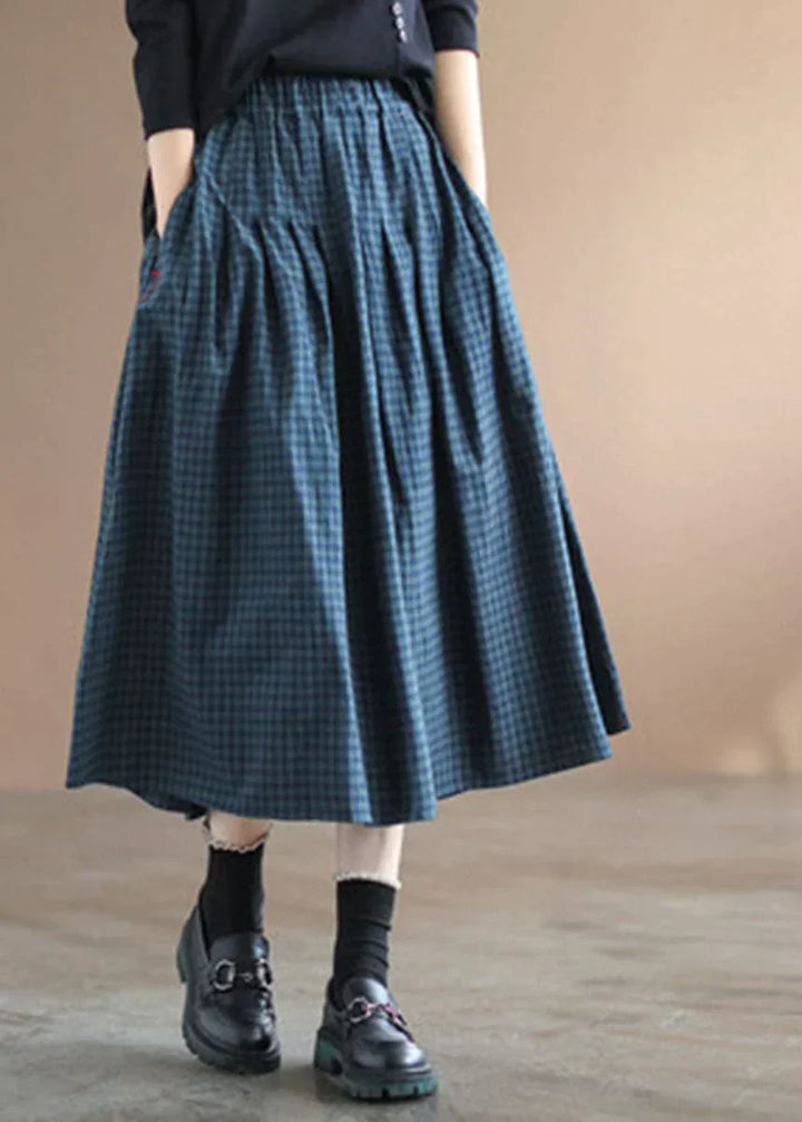 Dames Zomer Geruite Midi Rok met Elastische Taille en Zakken