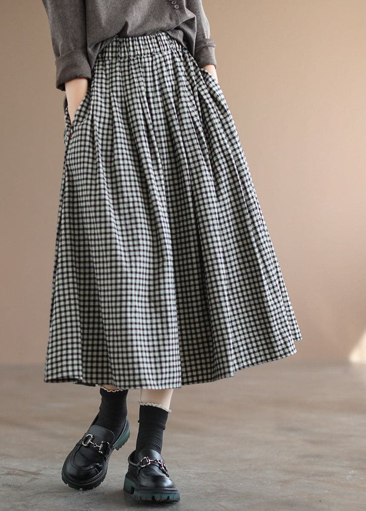 Dames Zomer Geruite Midi Rok met Elastische Taille en Zakken