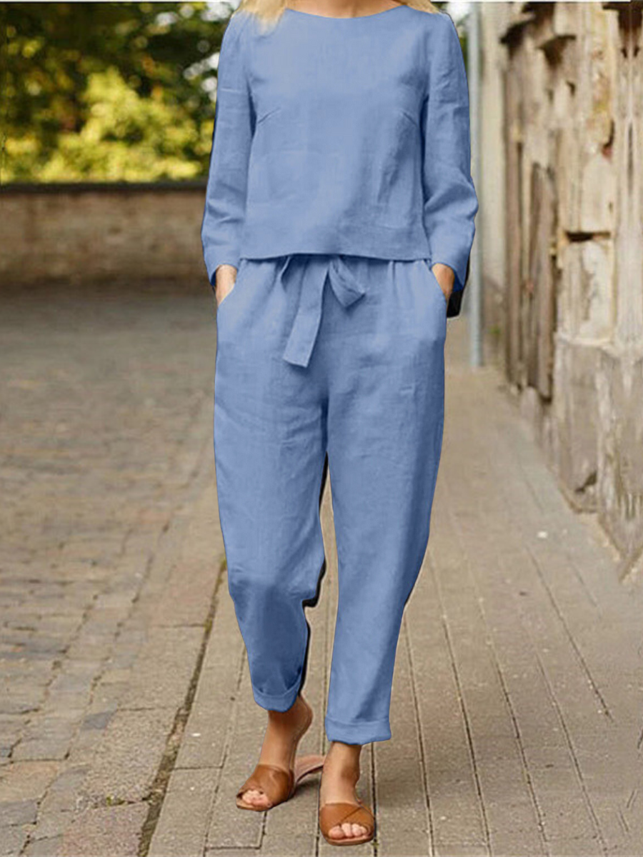 Dames Zomer Linnen Lange Mouwen en Strikdetail Broek Tweedelige Set