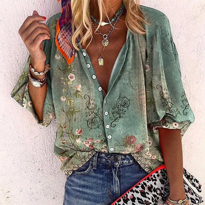 Dames Zomer Printed Blouse met Knoopsluiting en Halflange Mouwen