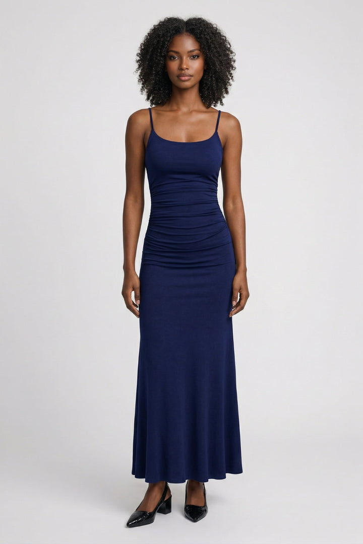 Donkerblauwe Bodycon Maxi Jurk met Bandjes