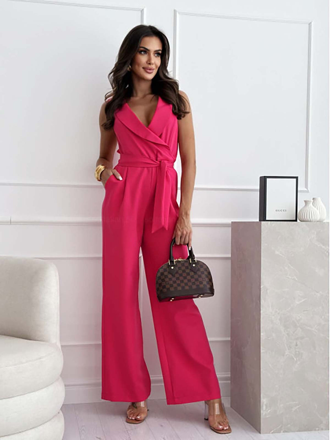 Dames Zomer V-Hals Wikkel Jumpsuit met Ceintuur en Zakken