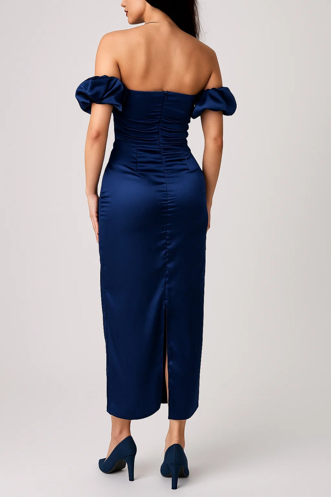 Donkerblauwe Off Shoulder Midi Jurk