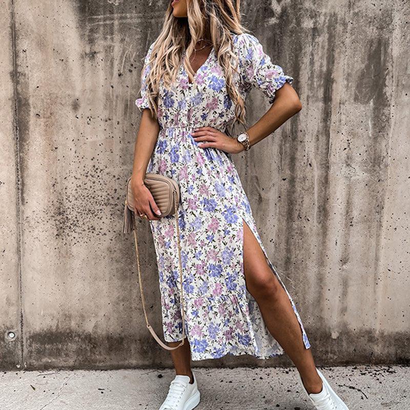 Dames Zomer Midi Jurk met Bloemenprint en V-Hals