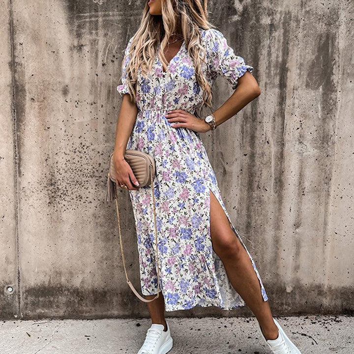 Dames Zomer Midi Jurk met Bloemenprint en V-Hals