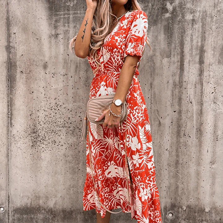 Dames Zomer Midi Jurk met Bloemenprint en V-Hals