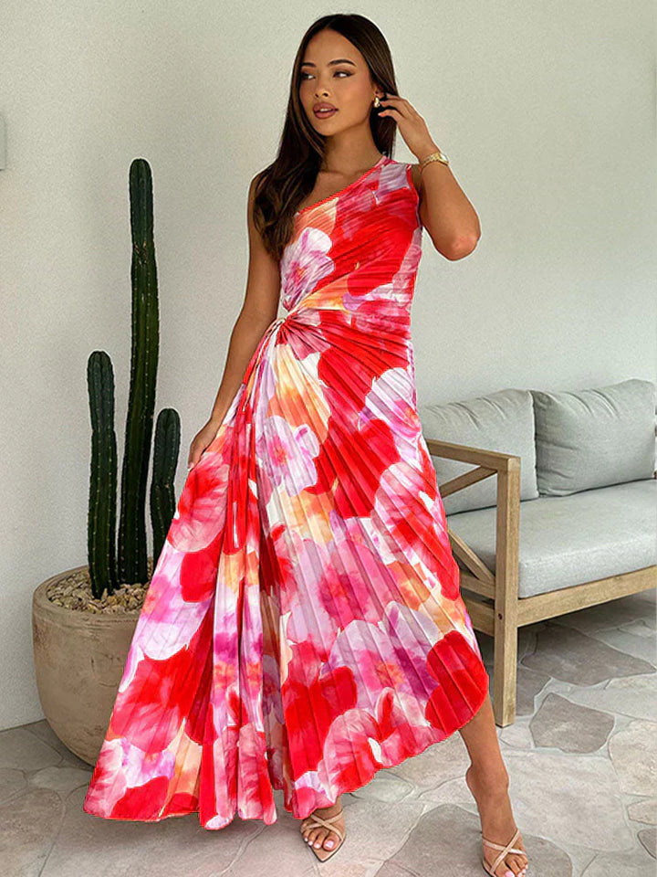 Plissé One-Shoulder Jurk met Bloemenpatroon – Elegant & Vrouwelijk