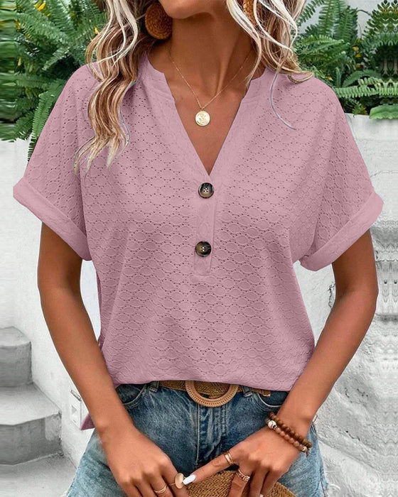 Dames Zomer Korte Mouwen Blouse met V-Hals en Knoppen