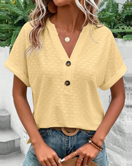 Dames Zomer Korte Mouwen Blouse met V-Hals en Knoppen