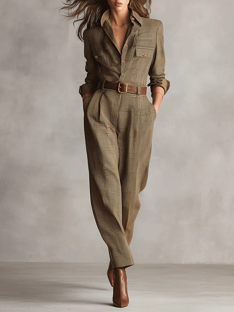 Zoë | Verfijnde tweed textuur geruite utility jumpsuit