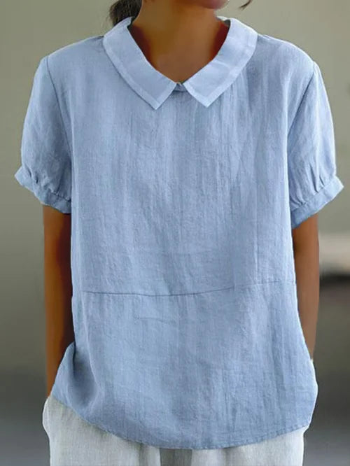 Dames Zomer Blouse met Omgeslagen Kraag en Korte Mouwen