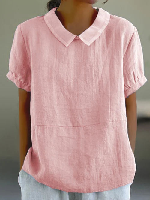 Dames Zomer Blouse met Omgeslagen Kraag en Korte Mouwen