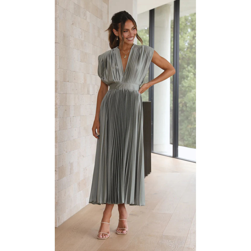 Demia | Elegante Dames Midi-jurk met Plissérok – V-hals