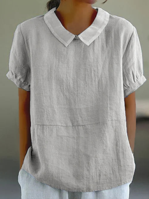 Dames Zomer Blouse met Omgeslagen Kraag en Korte Mouwen