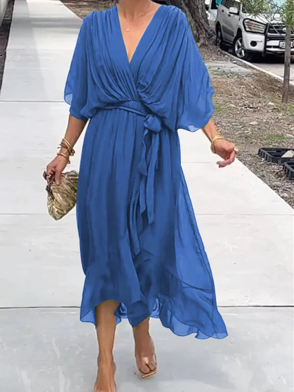 Dames Zomer Chiffon Jurk met Riem en V-Halslijn
