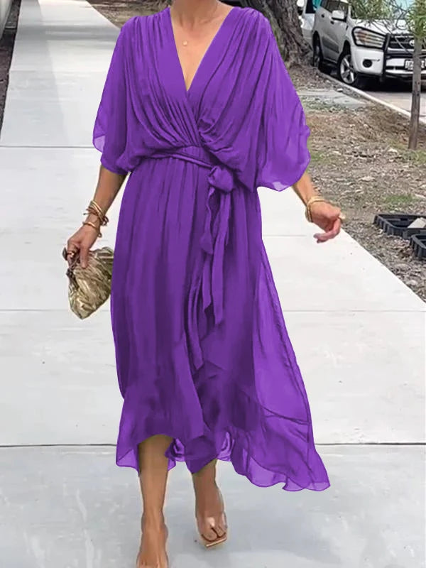 Dames Zomer Chiffon Jurk met Riem en V-Halslijn