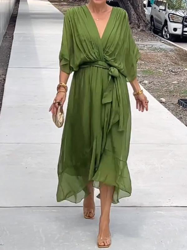 Dames Zomer Chiffon Jurk met Riem en V-Halslijn