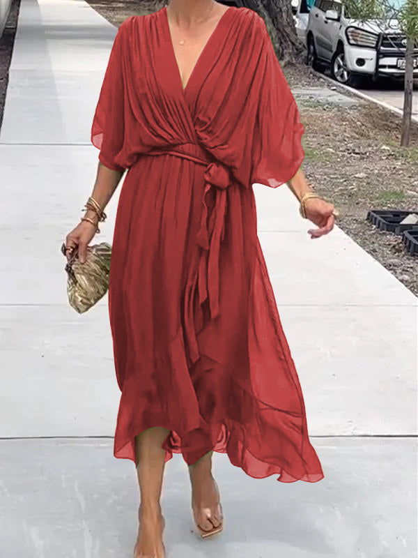 Dames Zomer Chiffon Jurk met Riem en V-Halslijn
