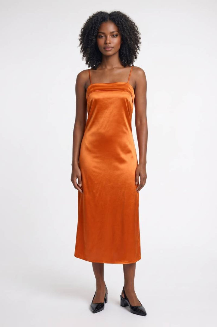Oranje Satin Midi Jurk met Bandjes