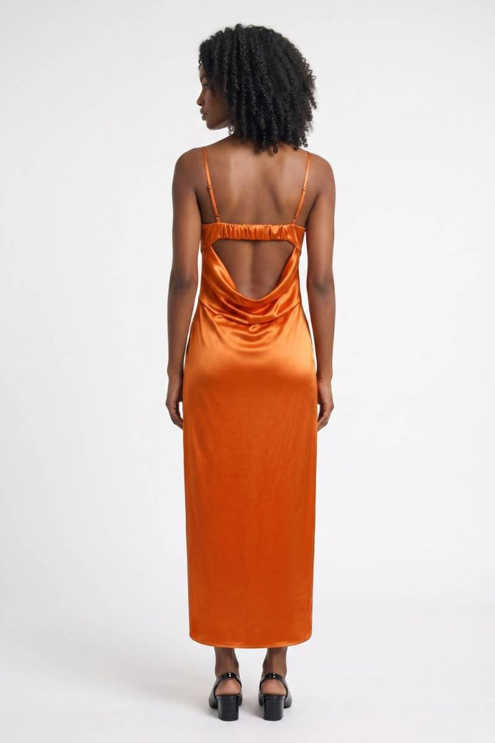Oranje Satin Midi Jurk met Bandjes