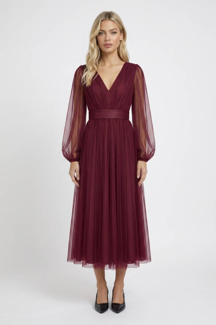 Bordeaux Elegante Tule Midi Jurk