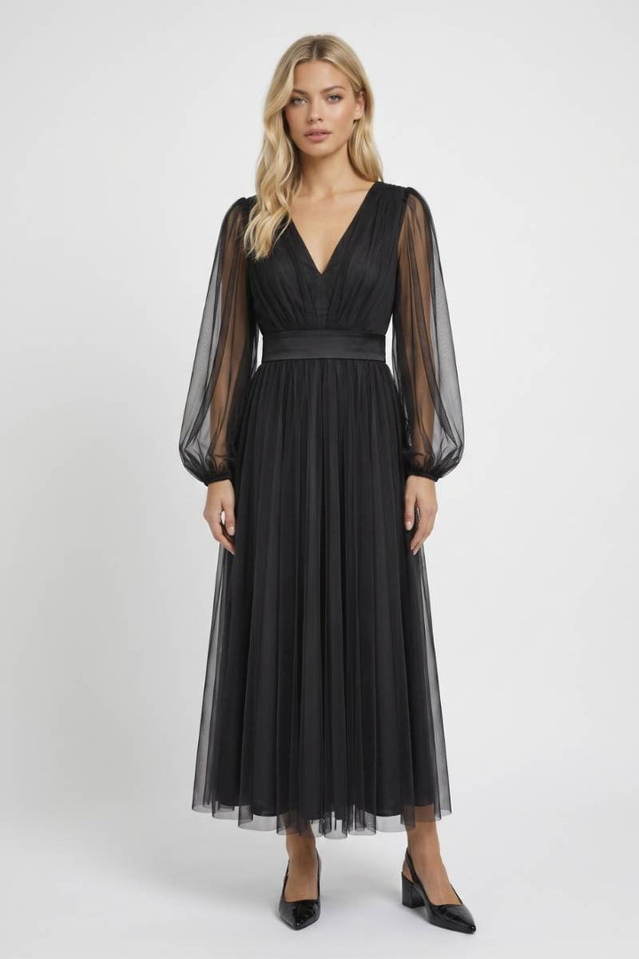 Bordeaux Elegante Tule Midi Jurk