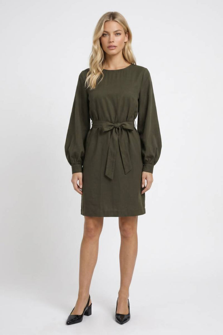 Olijfgroene Mini Jurk met Strikceintuur