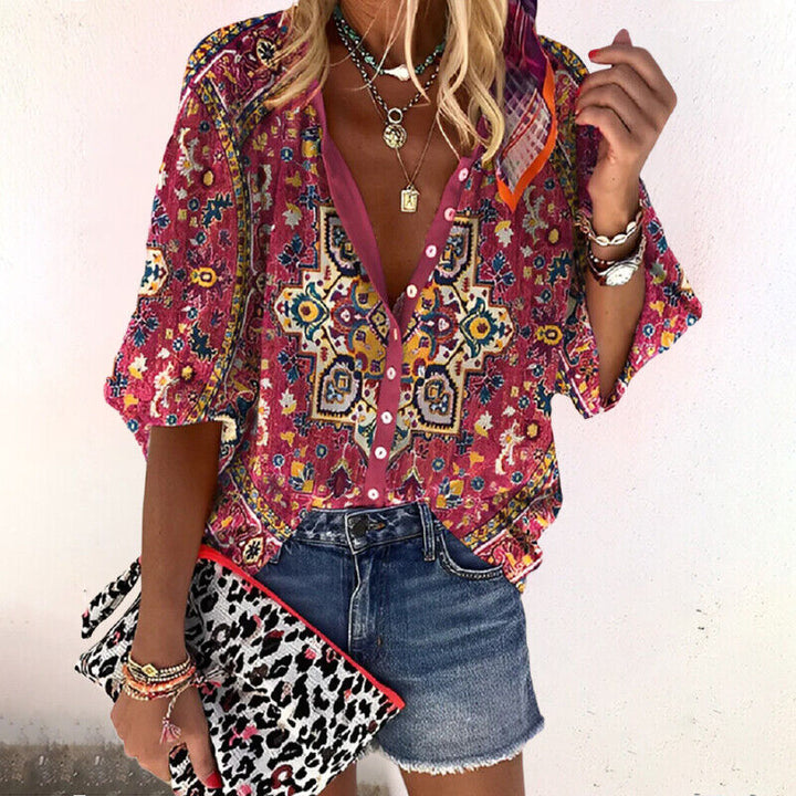 Dames Zomer Printed Blouse met Knoopsluiting en Halflange Mouwen