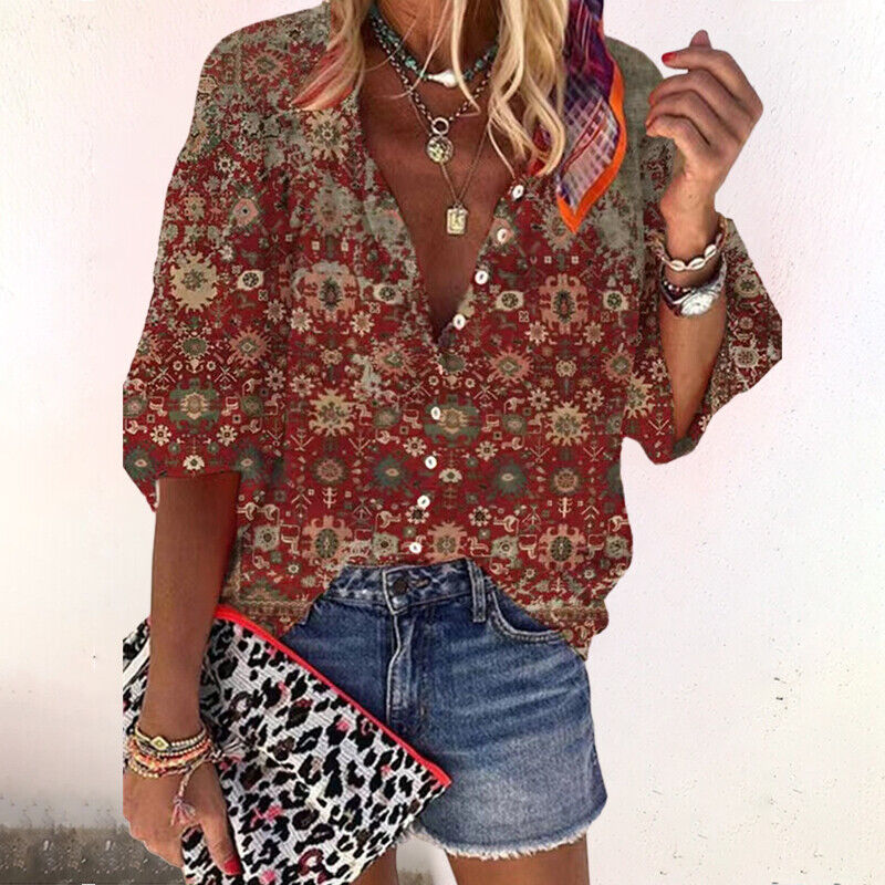 Dames Zomer Printed Blouse met Knoopsluiting en Halflange Mouwen