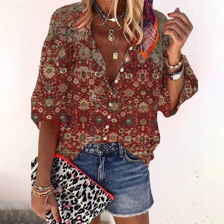 Dames Zomer Printed Blouse met Knoopsluiting en Halflange Mouwen