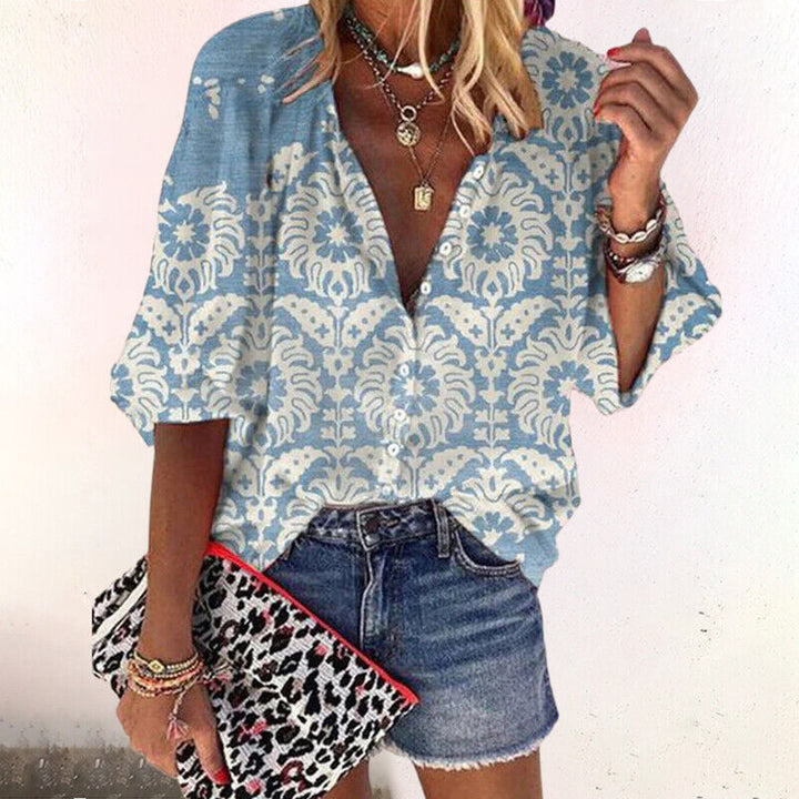 Dames Zomer Printed Blouse met Knoopsluiting en Halflange Mouwen